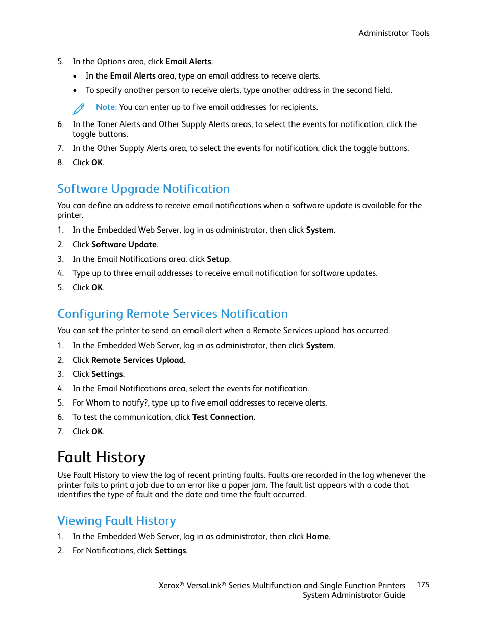 Software upgrade notification, Configuring remote services notification, Fault history | Viewing fault history, Ffaauulltt h hiissttoorryy, Vviieew wiinngg ffaauulltt h hiissttoorryy | Xerox VersaLink C500/DN Color Laser Printer User Manual | Page 175 / 204