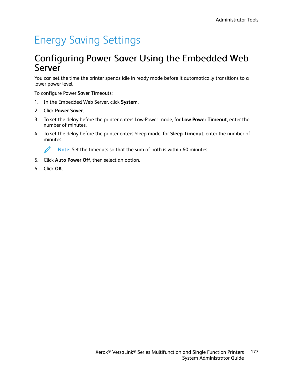 Energy saving settings | Xerox VersaLink C500/DN Color Laser Printer User Manual | Page 177 / 204