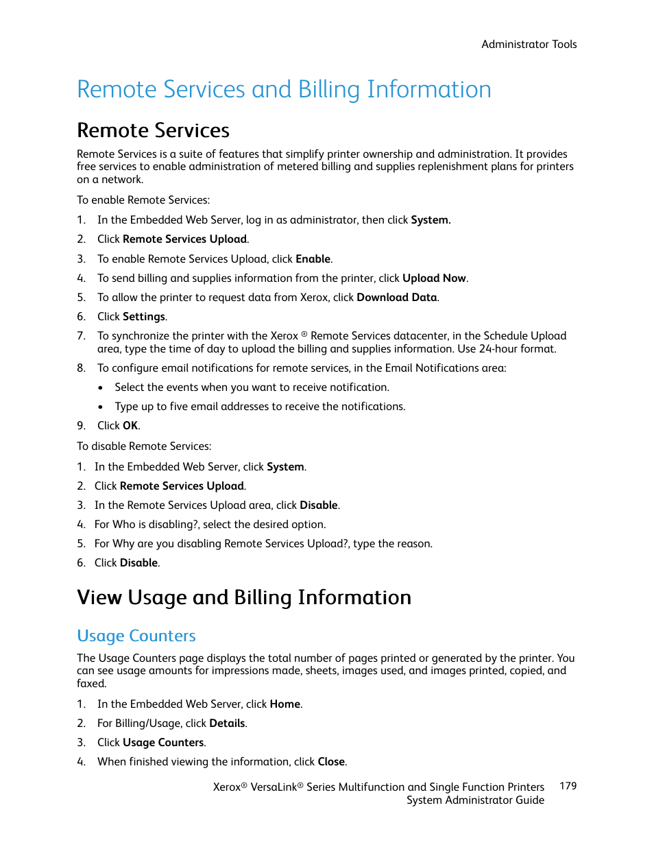 Remote services and billing information, Remote services, View usage and billing information | Usage counters, Remote services view usage and billing information, Rreem moottee sseerrvviicceess, Uussaaggee c coouunntteerrss | Xerox VersaLink C500/DN Color Laser Printer User Manual | Page 179 / 204