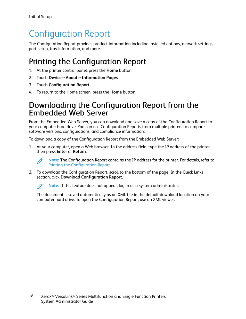 Configuration report, Printing the configuration report | Xerox VersaLink C500/DN Color Laser Printer User Manual | Page 18 / 204