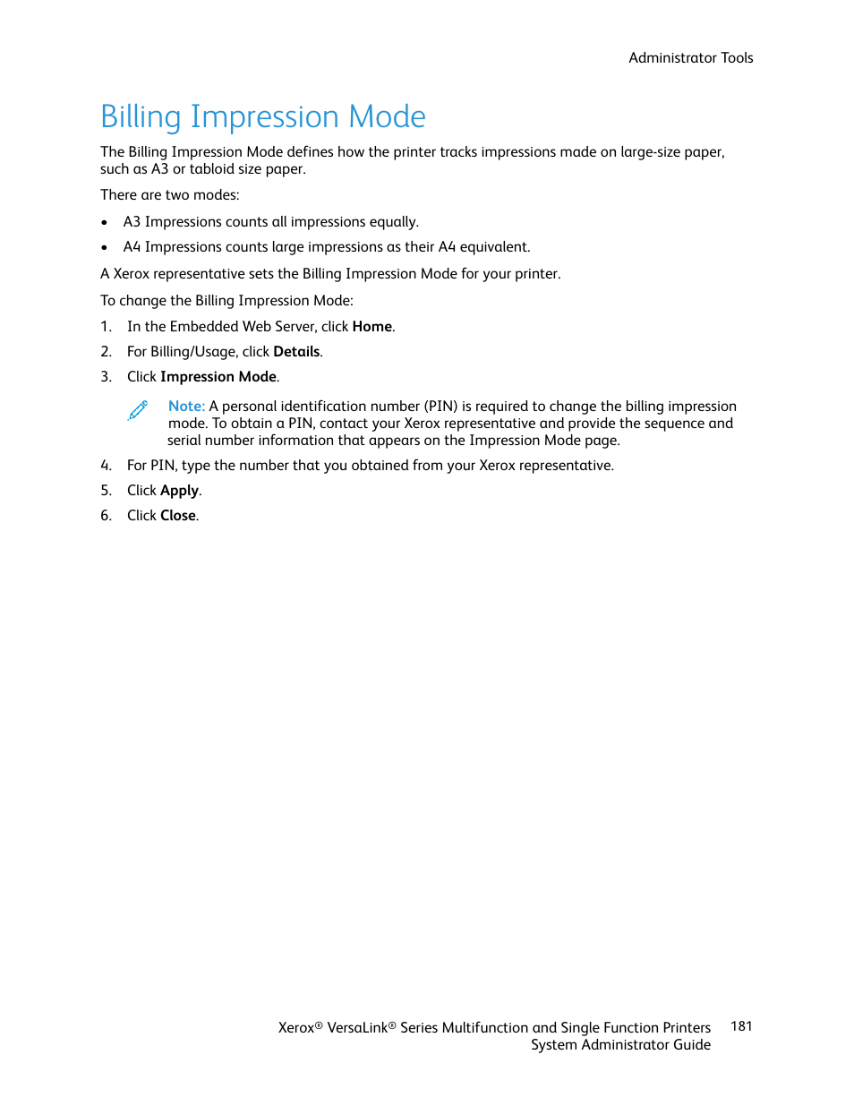 Billing impression mode | Xerox VersaLink C500/DN Color Laser Printer User Manual | Page 181 / 204