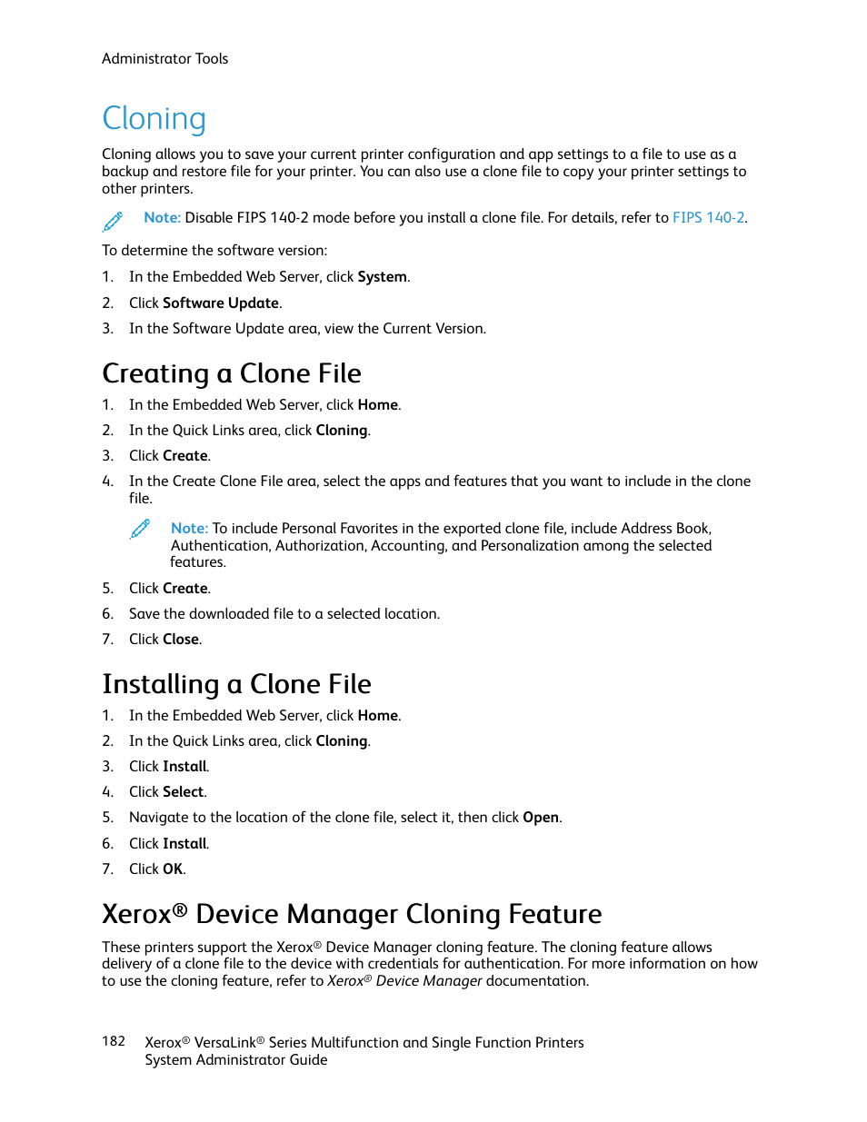 Cloning, Creating a clone file, Installing a clone file | Xerox® device manager cloning feature, Device manager cloning feature, Ccrreeaattiinngg aa c clloonnee ffiillee, Xxeerrooxx | Xerox VersaLink C500/DN Color Laser Printer User Manual | Page 182 / 204