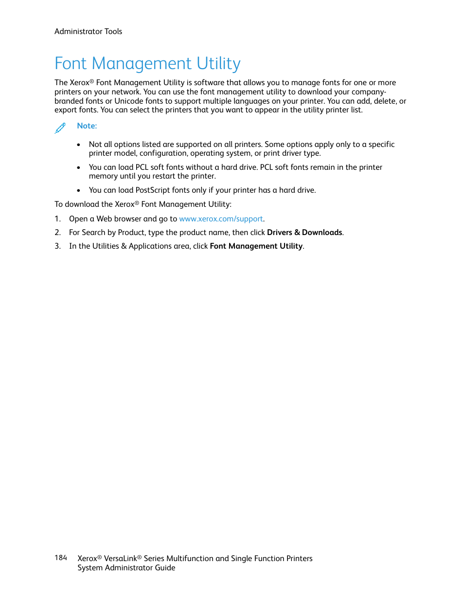 Font management utility | Xerox VersaLink C500/DN Color Laser Printer User Manual | Page 184 / 204