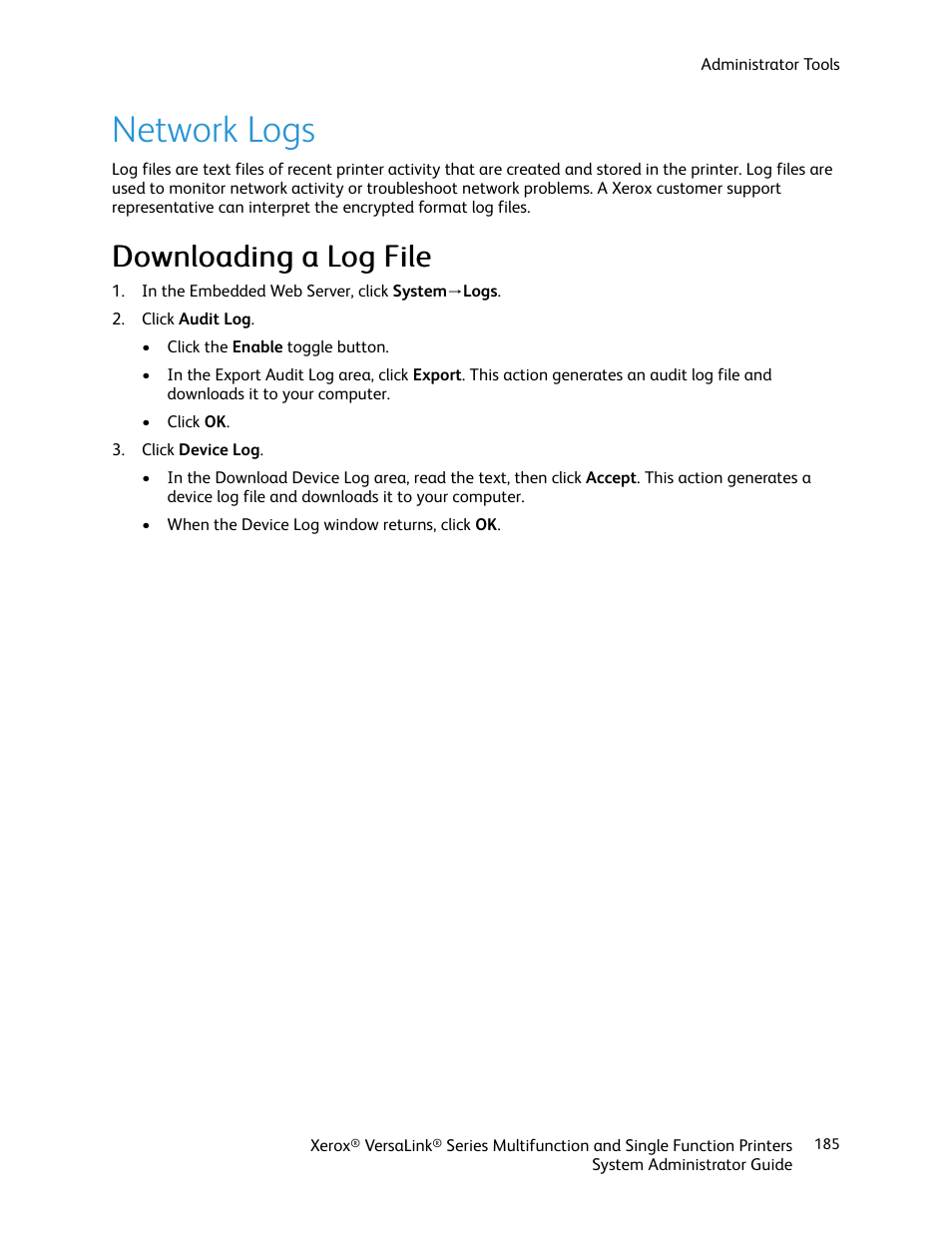 Network logs, Downloading a log file, Ddoow wnnllooaaddiinngg aa lloogg ffiillee | Xerox VersaLink C500/DN Color Laser Printer User Manual | Page 185 / 204