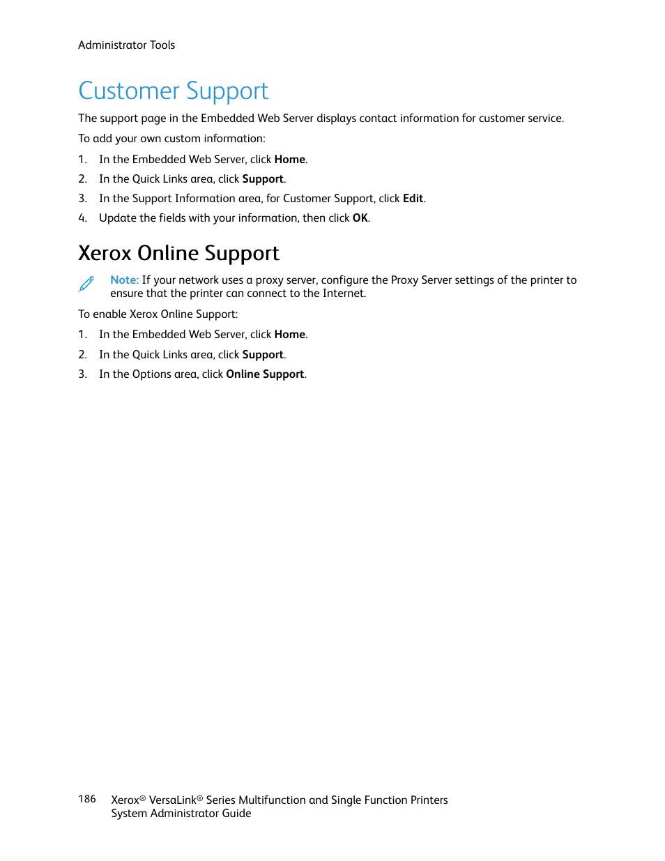 Customer support, Xerox online support | Xerox VersaLink C500/DN Color Laser Printer User Manual | Page 186 / 204