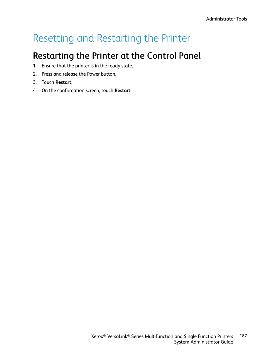 Resetting and restarting the printer, Restarting the printer at the control panel | Xerox VersaLink C500/DN Color Laser Printer User Manual | Page 187 / 204