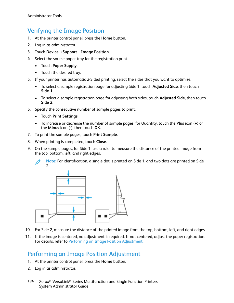 Verifying the image position, Performing an image position adjustment | Xerox VersaLink C500/DN Color Laser Printer User Manual | Page 194 / 204