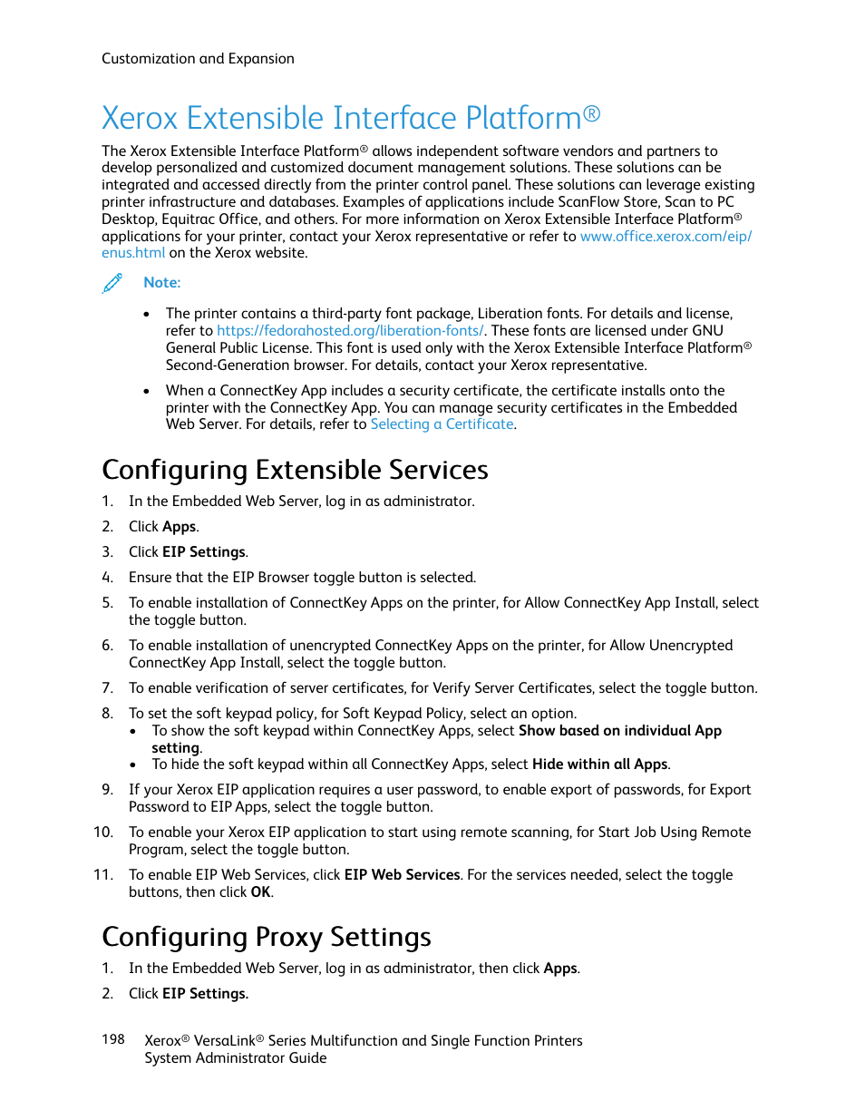 Xerox extensible interface platform, Configuring extensible services, Configuring proxy settings | Xerox VersaLink C500/DN Color Laser Printer User Manual | Page 198 / 204