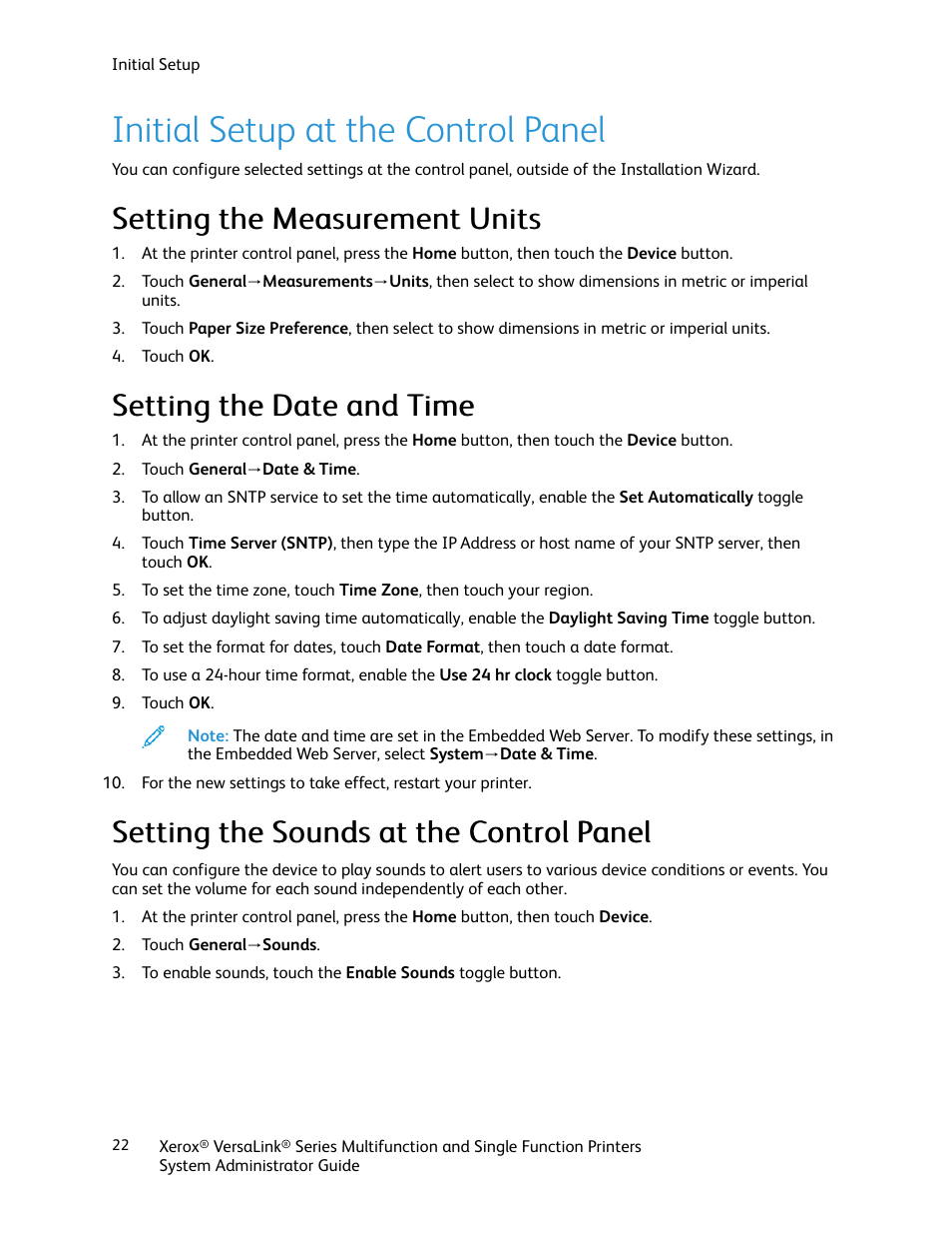 Initial setup at the control panel, Setting the measurement units, Setting the date and time | Setting the sounds at the control panel | Xerox VersaLink C500/DN Color Laser Printer User Manual | Page 22 / 204