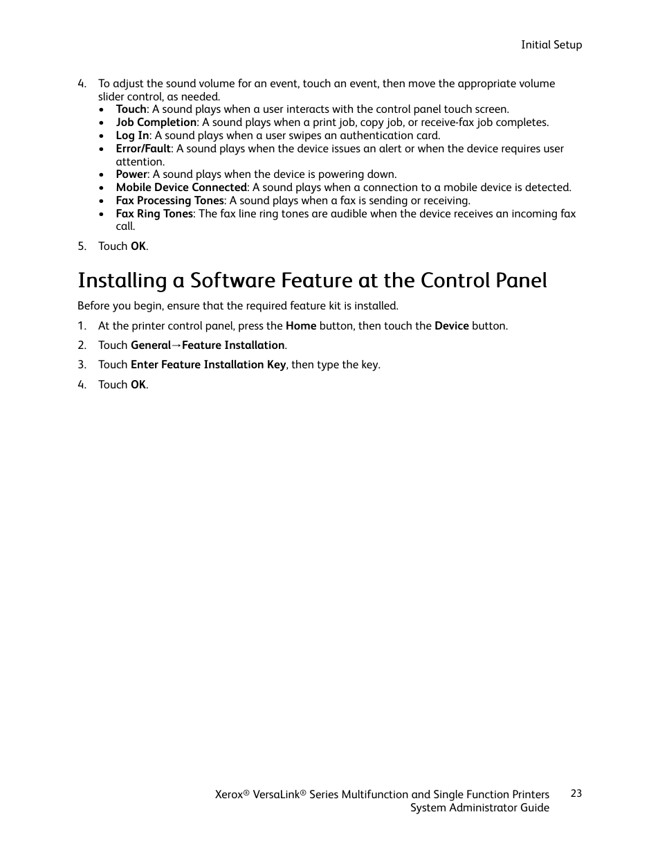 Installing a software feature at the control panel | Xerox VersaLink C500/DN Color Laser Printer User Manual | Page 23 / 204