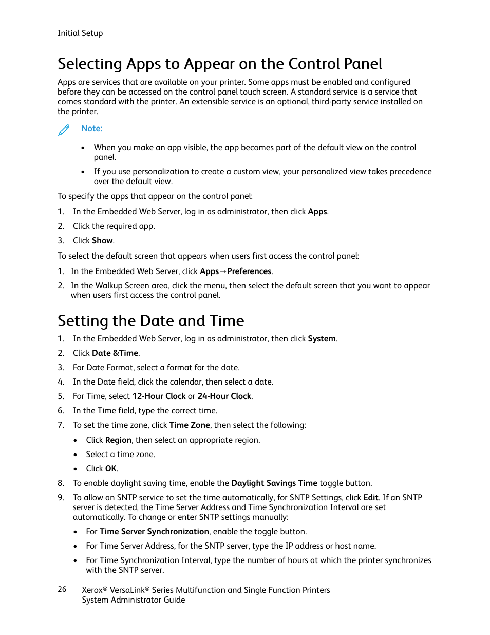 Selecting apps to appear on the control panel, Setting the date and time | Xerox VersaLink C500/DN Color Laser Printer User Manual | Page 26 / 204
