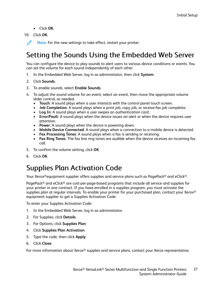 Setting the sounds using the embedded web server, Supplies plan activation code | Xerox VersaLink C500/DN Color Laser Printer User Manual | Page 27 / 204