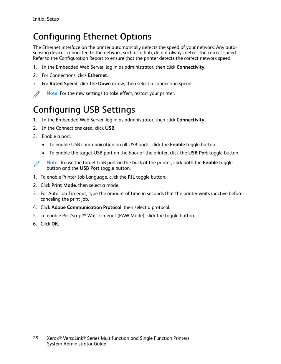 Configuring ethernet options, Configuring usb settings | Xerox VersaLink C500/DN Color Laser Printer User Manual | Page 28 / 204
