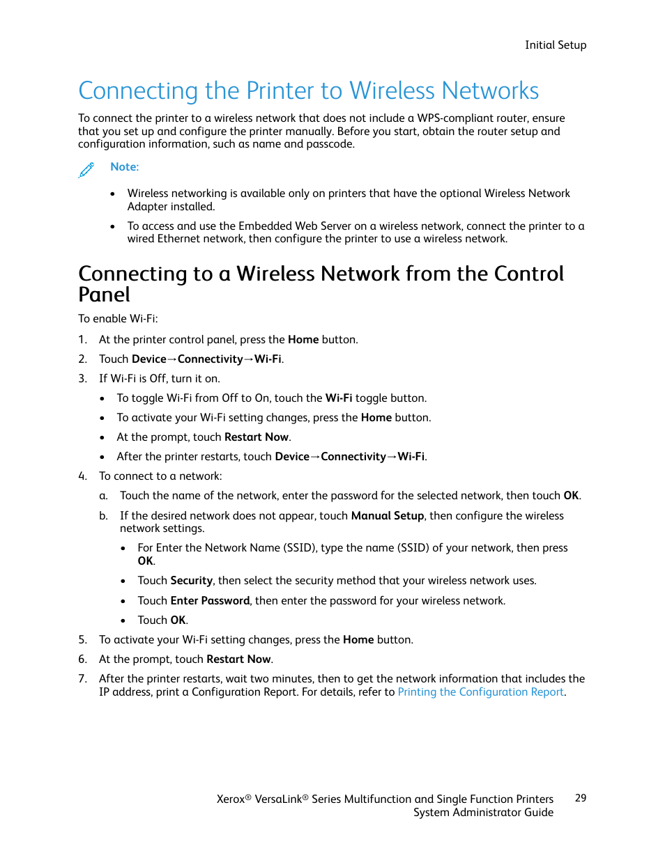 Connecting the printer to wireless networks | Xerox VersaLink C500/DN Color Laser Printer User Manual | Page 29 / 204