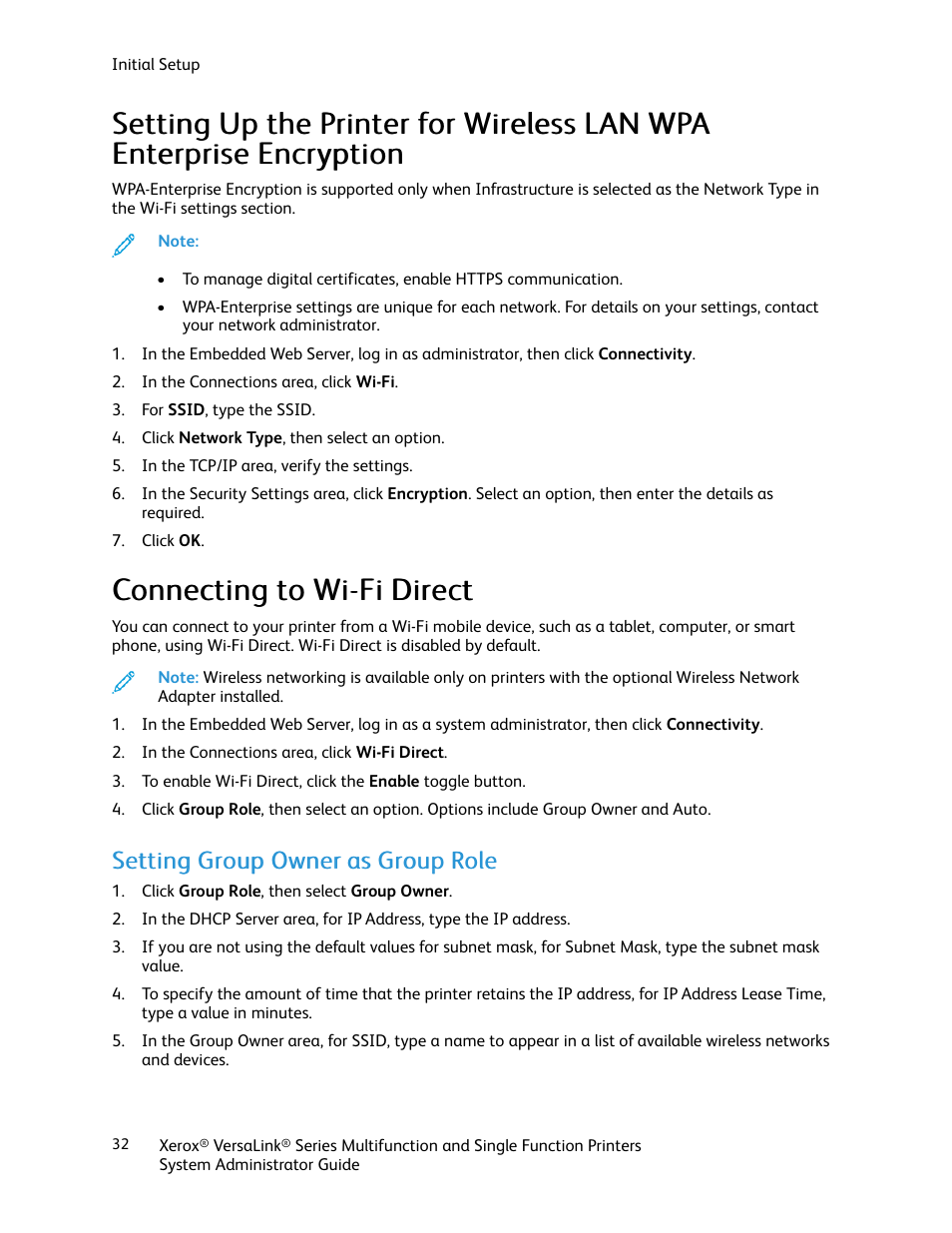 Connecting to wi-fi direct, Setting group owner as group role | Xerox VersaLink C500/DN Color Laser Printer User Manual | Page 32 / 204