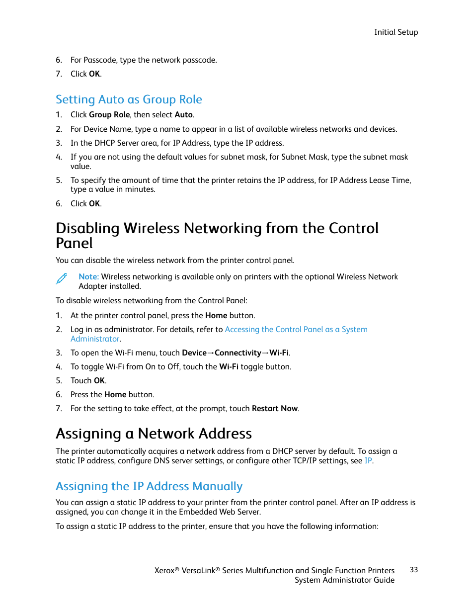 Setting auto as group role, Assigning a network address, Assigning the ip address manually | Xerox VersaLink C500/DN Color Laser Printer User Manual | Page 33 / 204