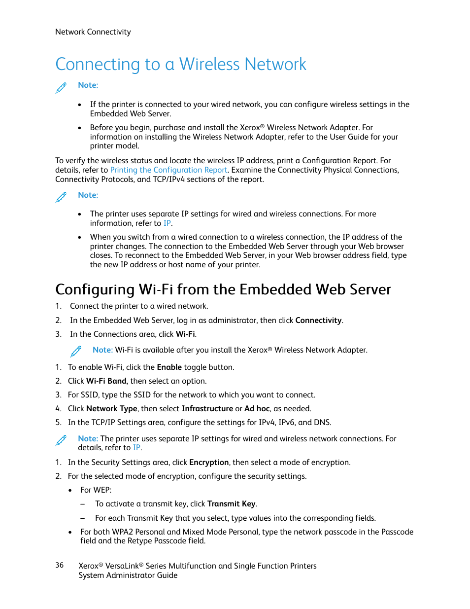 Connecting to a wireless network, Configuring wi-fi from the embedded web server | Xerox VersaLink C500/DN Color Laser Printer User Manual | Page 36 / 204