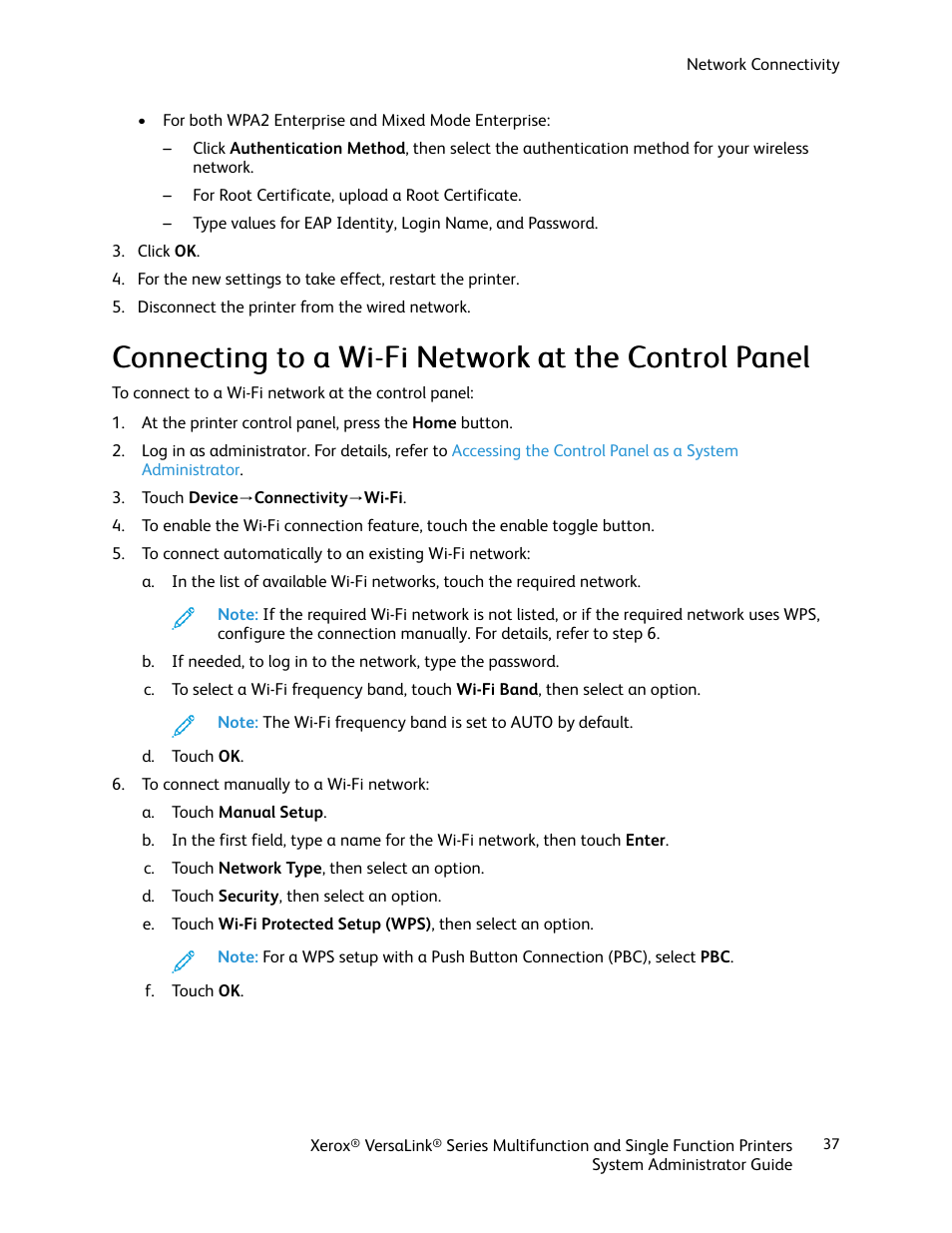 Connecting to a wi-fi network at the control panel | Xerox VersaLink C500/DN Color Laser Printer User Manual | Page 37 / 204