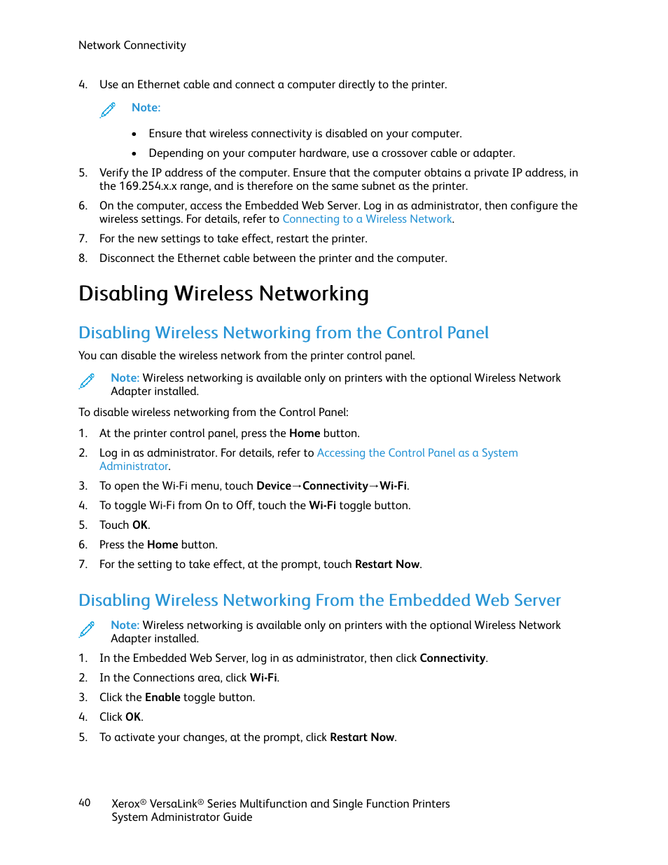Disabling wireless networking | Xerox VersaLink C500/DN Color Laser Printer User Manual | Page 40 / 204