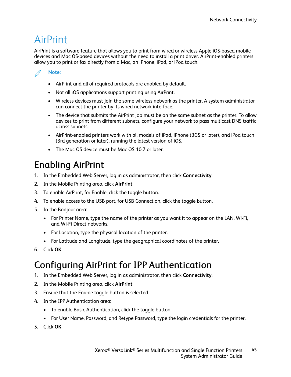 Airprint, Enabling airprint, Configuring airprint for ipp authentication | Eennaabblliinngg a aiirrpprriinntt | Xerox VersaLink C500/DN Color Laser Printer User Manual | Page 45 / 204