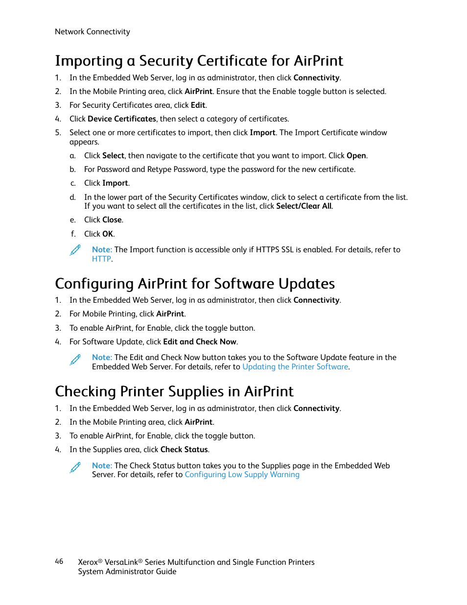 Importing a security certificate for airprint, Configuring airprint for software updates, Checking printer supplies in airprint | Xerox VersaLink C500/DN Color Laser Printer User Manual | Page 46 / 204