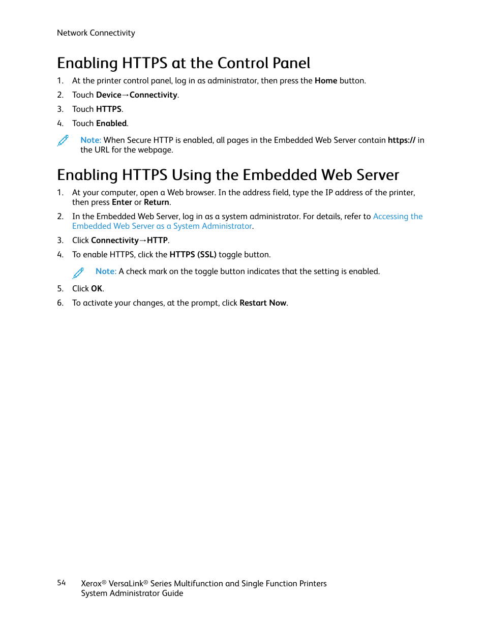 Enabling https at the control panel, Enabling https using the embedded web server | Xerox VersaLink C500/DN Color Laser Printer User Manual | Page 54 / 204