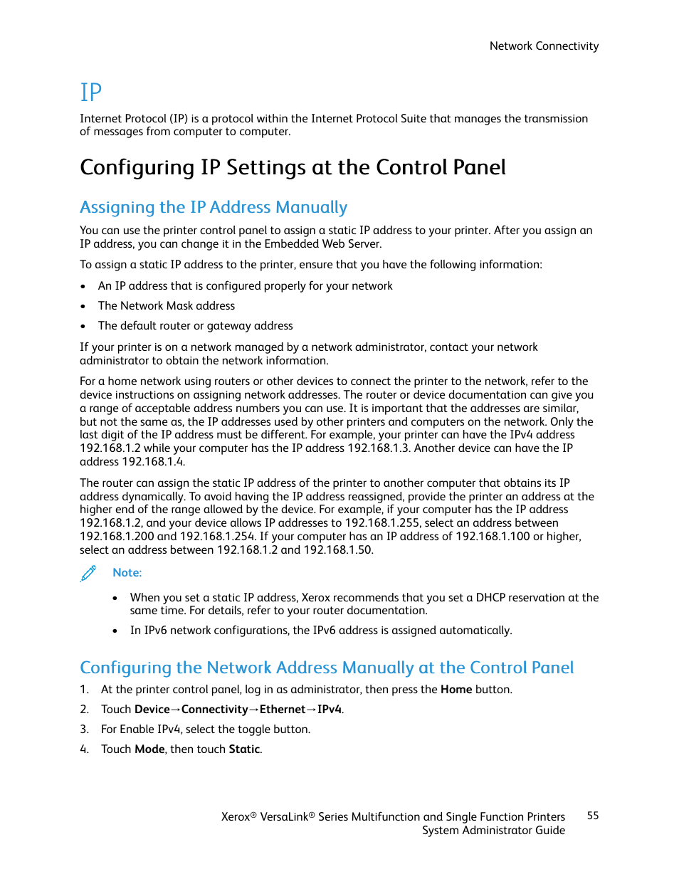 Configuring ip settings at the control panel, Assigning the ip address manually | Xerox VersaLink C500/DN Color Laser Printer User Manual | Page 55 / 204