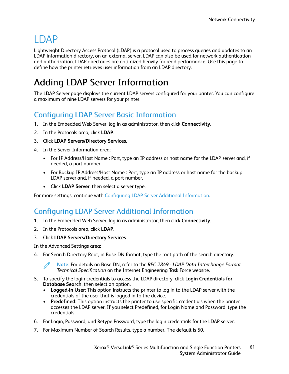 Ldap, Adding ldap server information, Configuring ldap server basic information | Configuring ldap server additional information | Xerox VersaLink C500/DN Color Laser Printer User Manual | Page 61 / 204