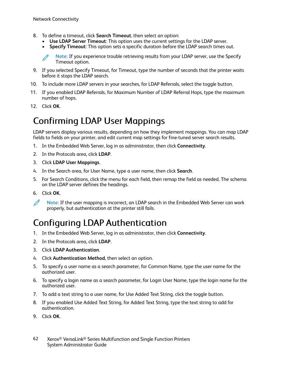 Confirming ldap user mappings, Configuring ldap authentication | Xerox VersaLink C500/DN Color Laser Printer User Manual | Page 62 / 204