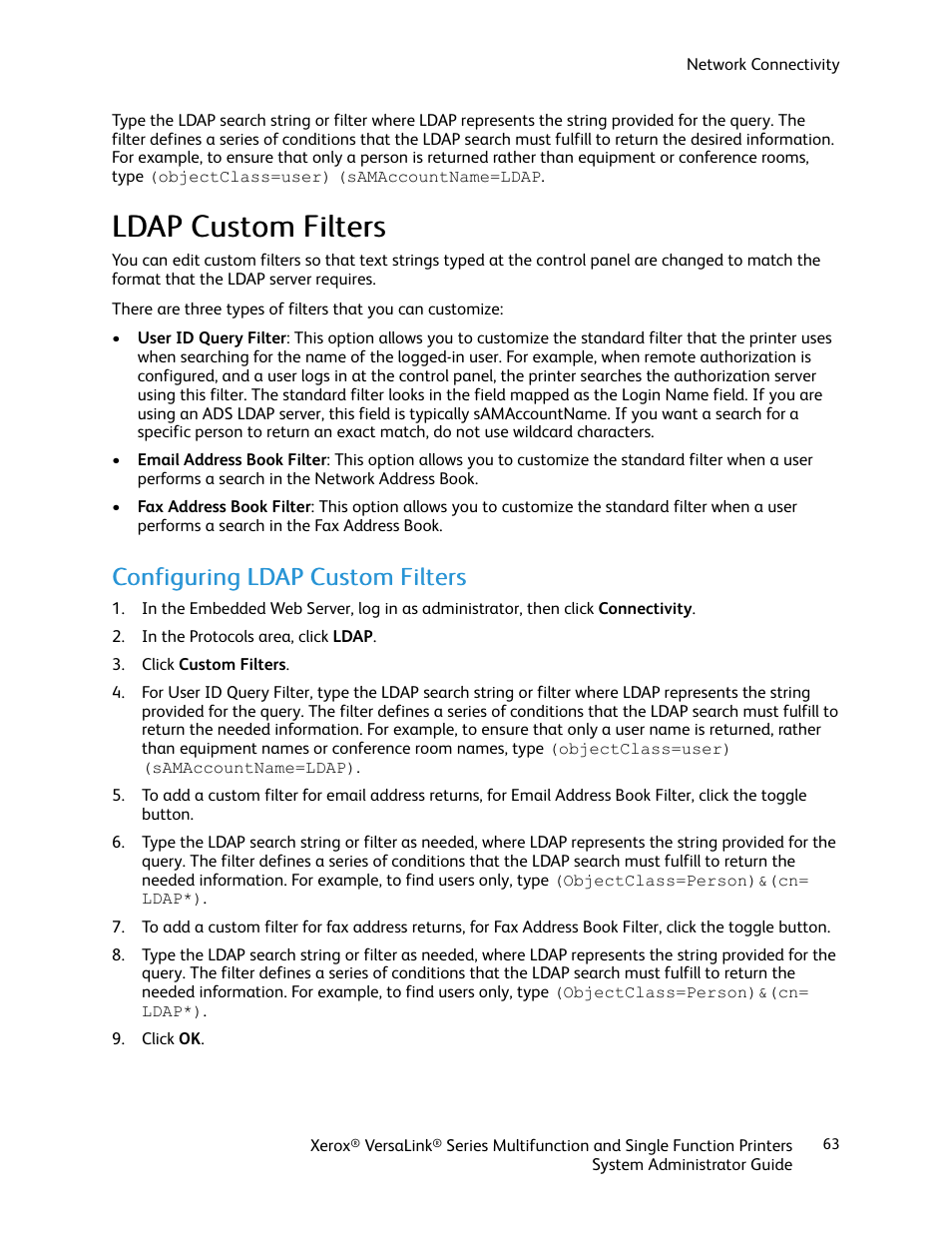 Ldap custom filters, Configuring ldap custom filters, Lld da app c cuussttoom m ffiilltteerrss | Xerox VersaLink C500/DN Color Laser Printer User Manual | Page 63 / 204