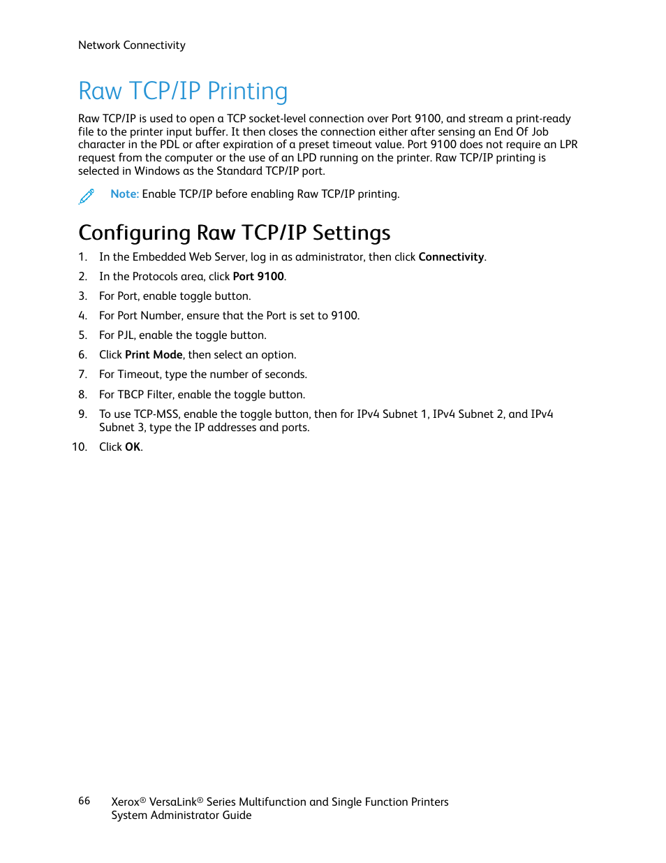 Raw tcp/ip printing, Configuring raw tcp/ip settings | Xerox VersaLink C500/DN Color Laser Printer User Manual | Page 66 / 204