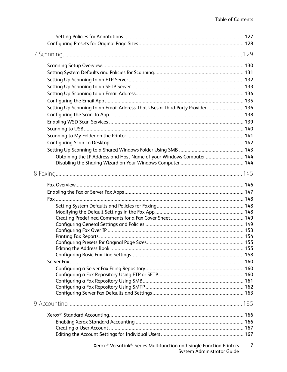 7 scanning, 8 faxing, 9 accounting | Xerox VersaLink C500/DN Color Laser Printer User Manual | Page 7 / 204