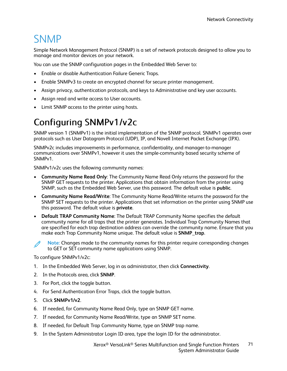 Snmp, Configuring snmpv1/v2c, Ccoonnffiigguurriinngg ssn nm mppvv11//vv22cc | Xerox VersaLink C500/DN Color Laser Printer User Manual | Page 71 / 204