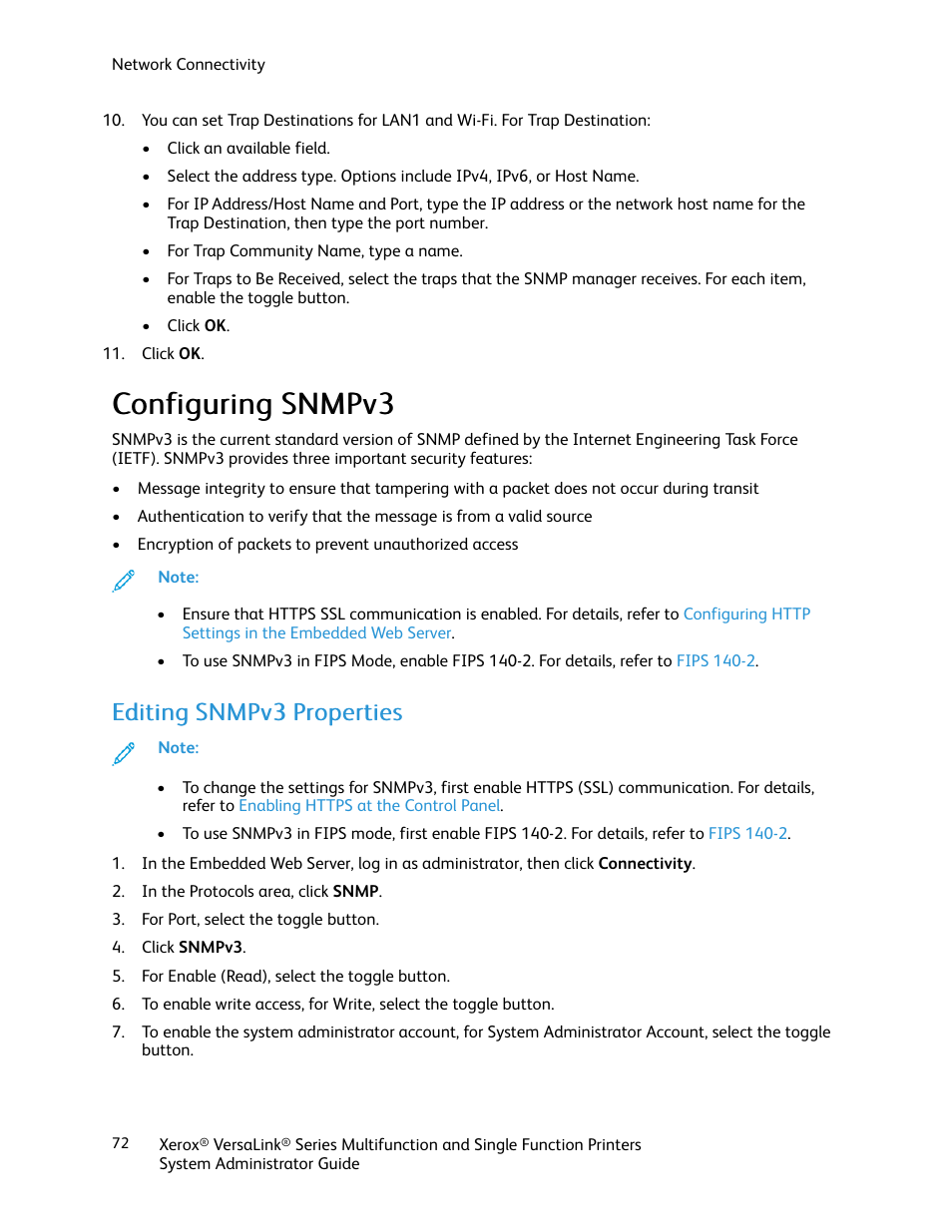 Configuring snmpv3, Editing snmpv3 properties, Ccoonnffiigguurriinngg ssn nm mppvv33 | Eeddiittiinngg ssn nm mppvv33 pprrooppeerrttiieess | Xerox VersaLink C500/DN Color Laser Printer User Manual | Page 72 / 204