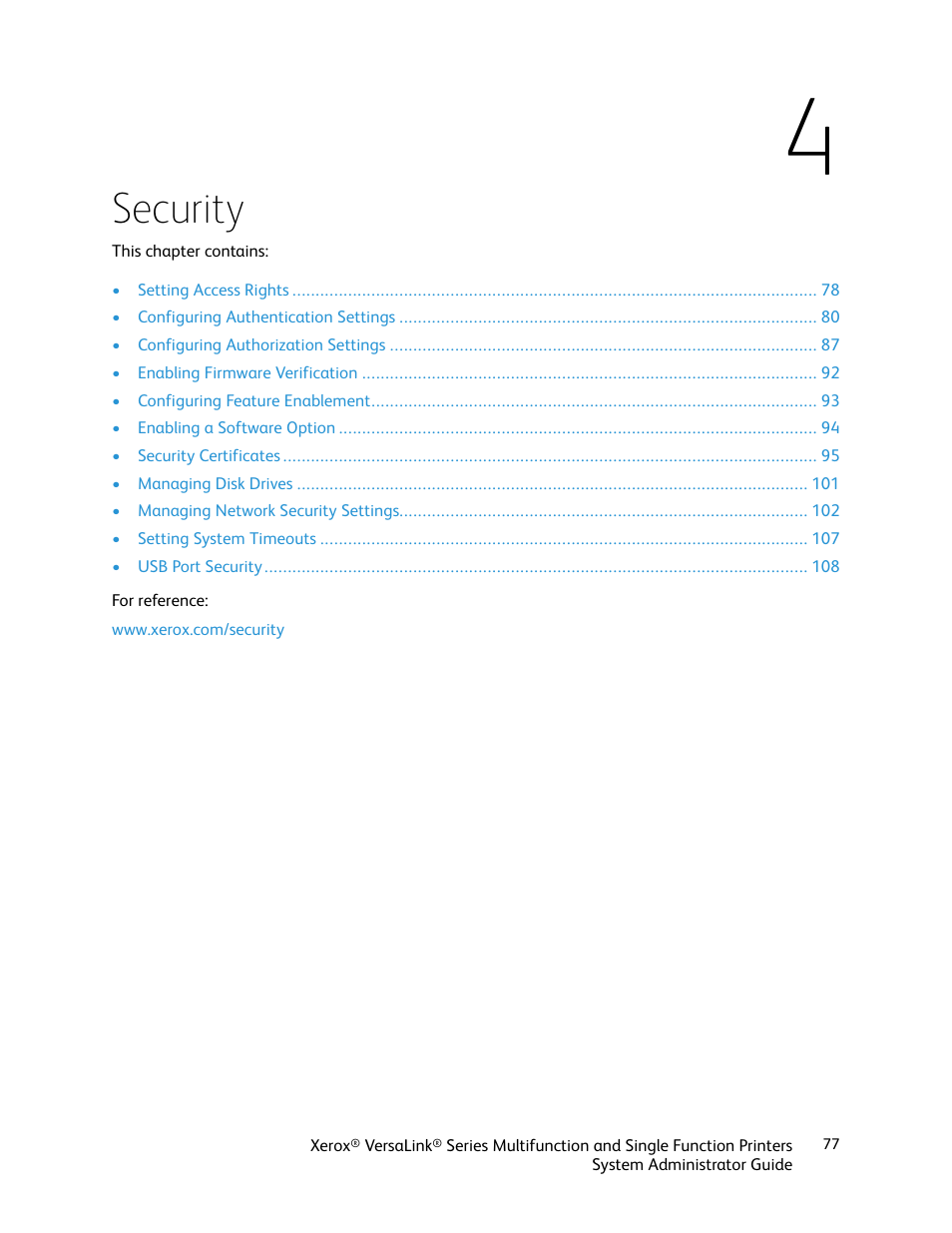 4 security, Security | Xerox VersaLink C500/DN Color Laser Printer User Manual | Page 77 / 204