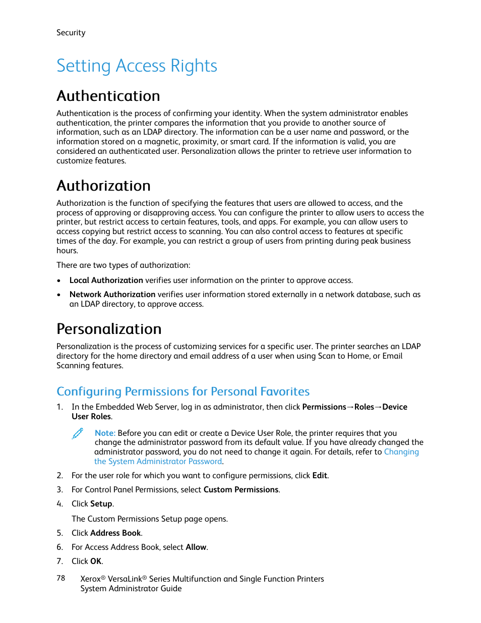 Setting access rights, Authentication, Authorization | Personalization, Configuring permissions for personal favorites, Authentication authorization personalization, Aauutthheennttiiccaattiioonn, Aauutthhoorriizzaattiioonn, Ppeerrssoonnaalliizzaattiioonn | Xerox VersaLink C500/DN Color Laser Printer User Manual | Page 78 / 204