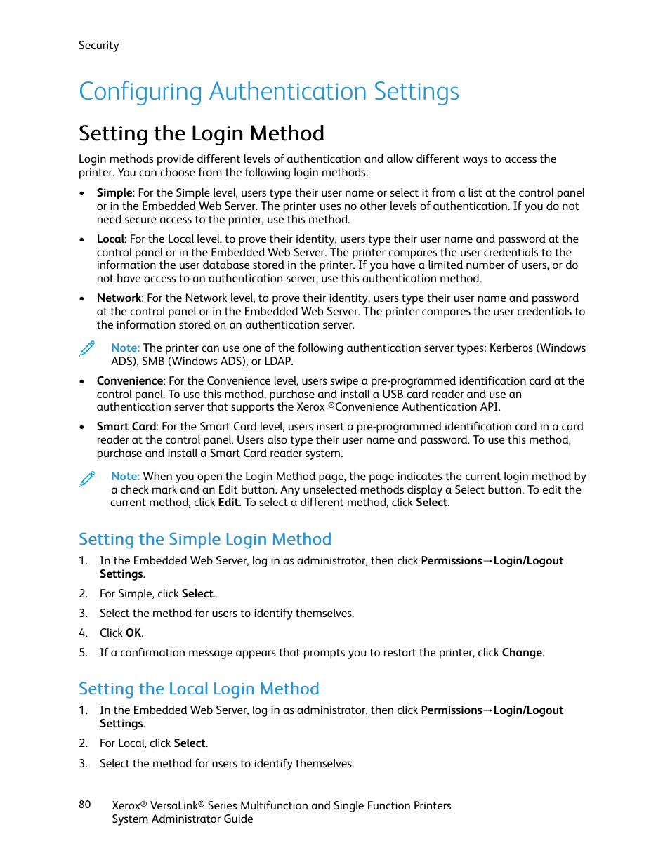 Configuring authentication settings, Setting the login method, Setting the simple login method | Setting the local login method | Xerox VersaLink C500/DN Color Laser Printer User Manual | Page 80 / 204