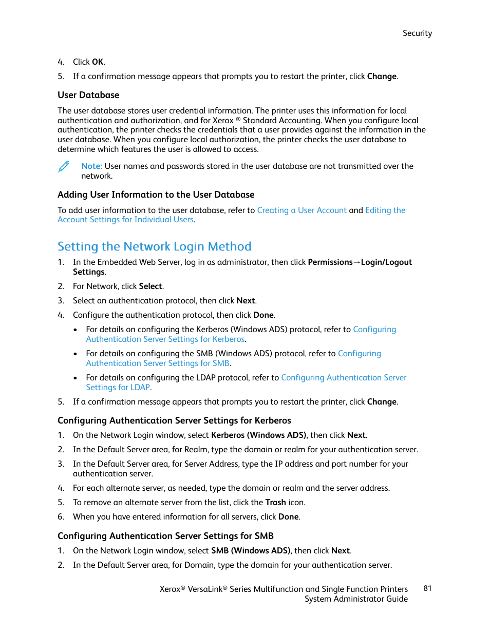 User database, Adding user information to the user database, Setting the network login method | Configuring authentication server settings for smb | Xerox VersaLink C500/DN Color Laser Printer User Manual | Page 81 / 204