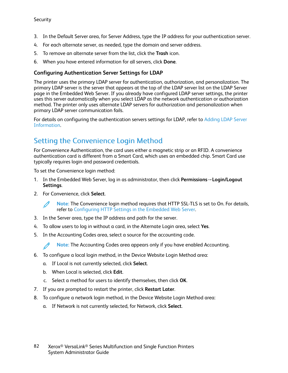 Setting the convenience login method, Configuring authentication server, Settings for ldap | Xerox VersaLink C500/DN Color Laser Printer User Manual | Page 82 / 204