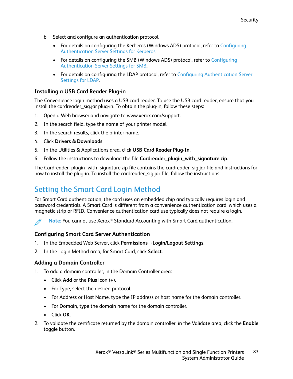 Installing a usb card reader plug-in, Setting the smart card login method, Configuring smart card server authentication | Adding a domain controller | Xerox VersaLink C500/DN Color Laser Printer User Manual | Page 83 / 204
