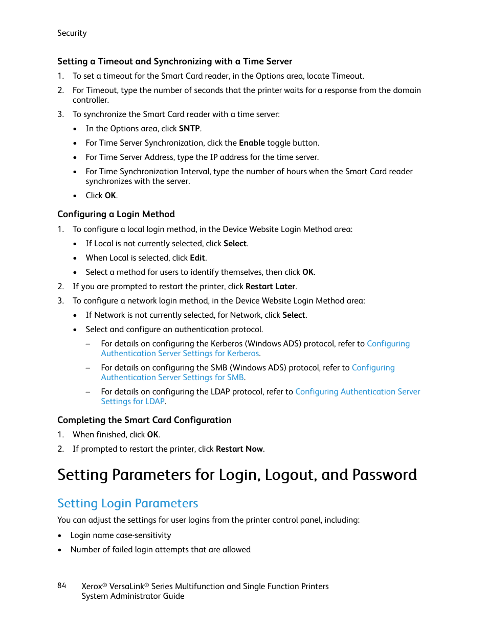 Configuring a login method, Completing the smart card configuration, Setting parameters for login, logout, and password | Setting login parameters | Xerox VersaLink C500/DN Color Laser Printer User Manual | Page 84 / 204