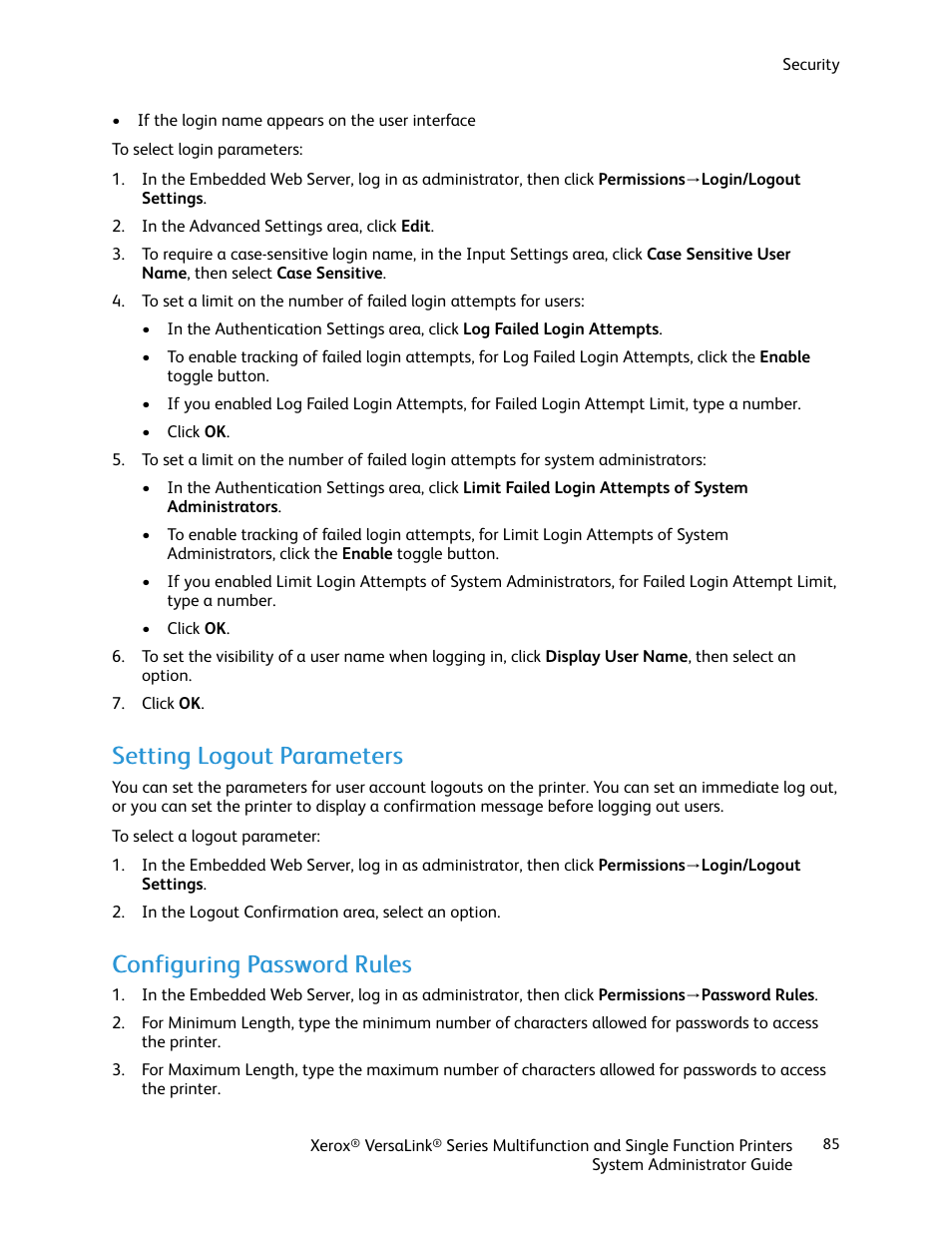 Setting logout parameters, Configuring password rules | Xerox VersaLink C500/DN Color Laser Printer User Manual | Page 85 / 204