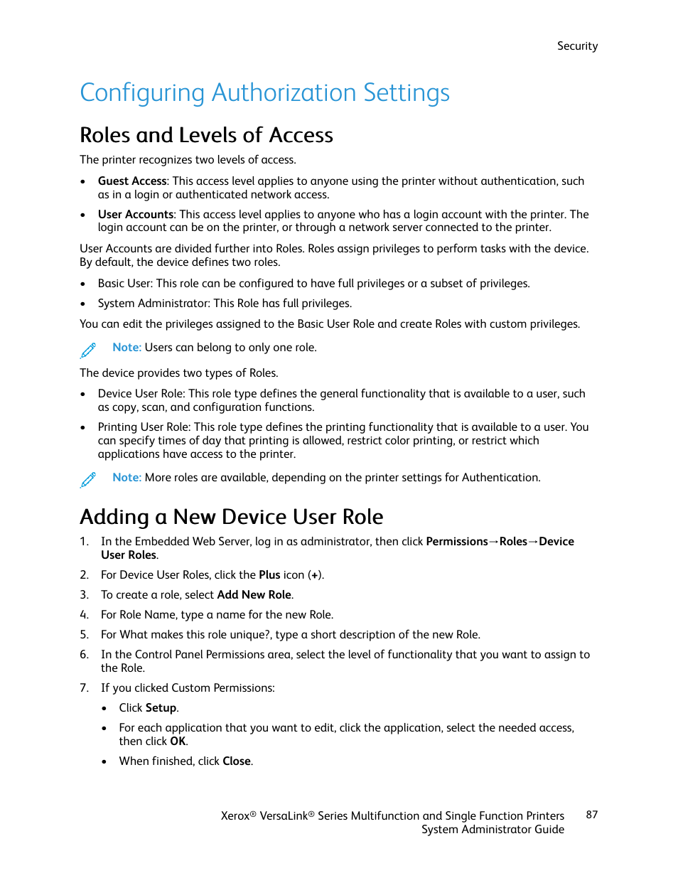 Configuring authorization settings, Roles and levels of access, Adding a new device user role | Xerox VersaLink C500/DN Color Laser Printer User Manual | Page 87 / 204