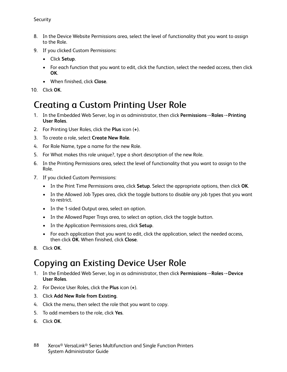 Creating a custom printing user role, Copying an existing device user role | Xerox VersaLink C500/DN Color Laser Printer User Manual | Page 88 / 204