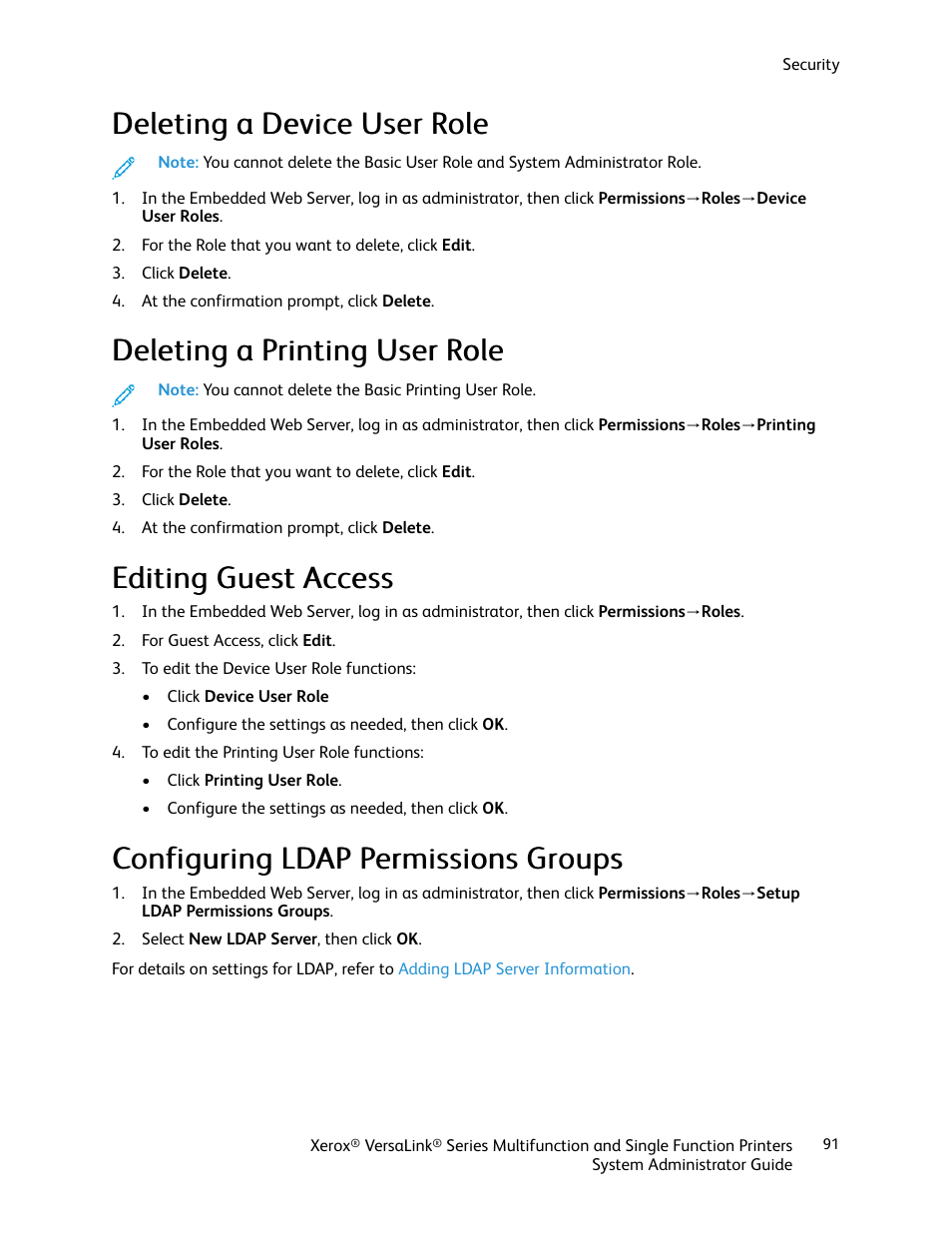 Deleting a device user role, Deleting a printing user role, Editing guest access | Configuring ldap permissions groups | Xerox VersaLink C500/DN Color Laser Printer User Manual | Page 91 / 204