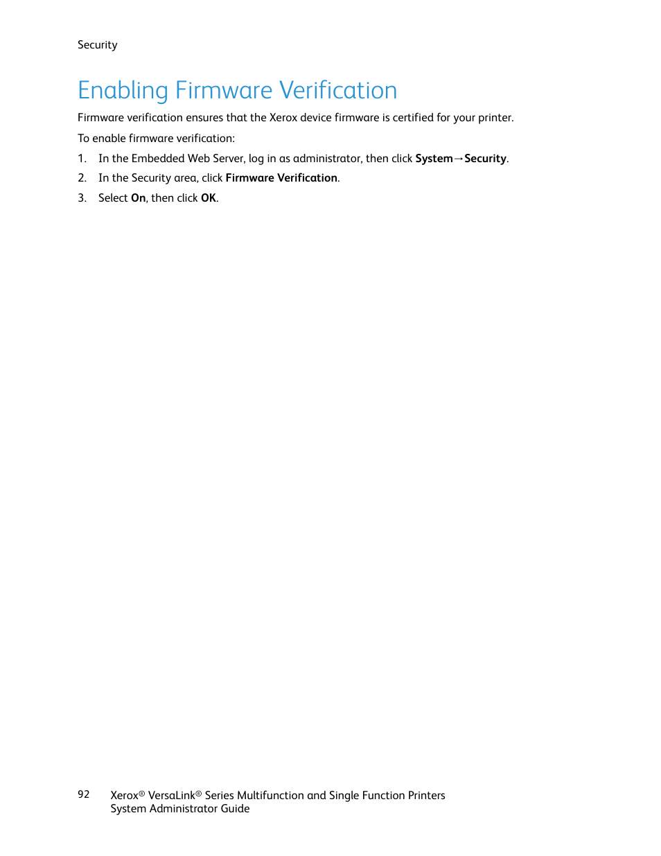 Enabling firmware verification | Xerox VersaLink C500/DN Color Laser Printer User Manual | Page 92 / 204