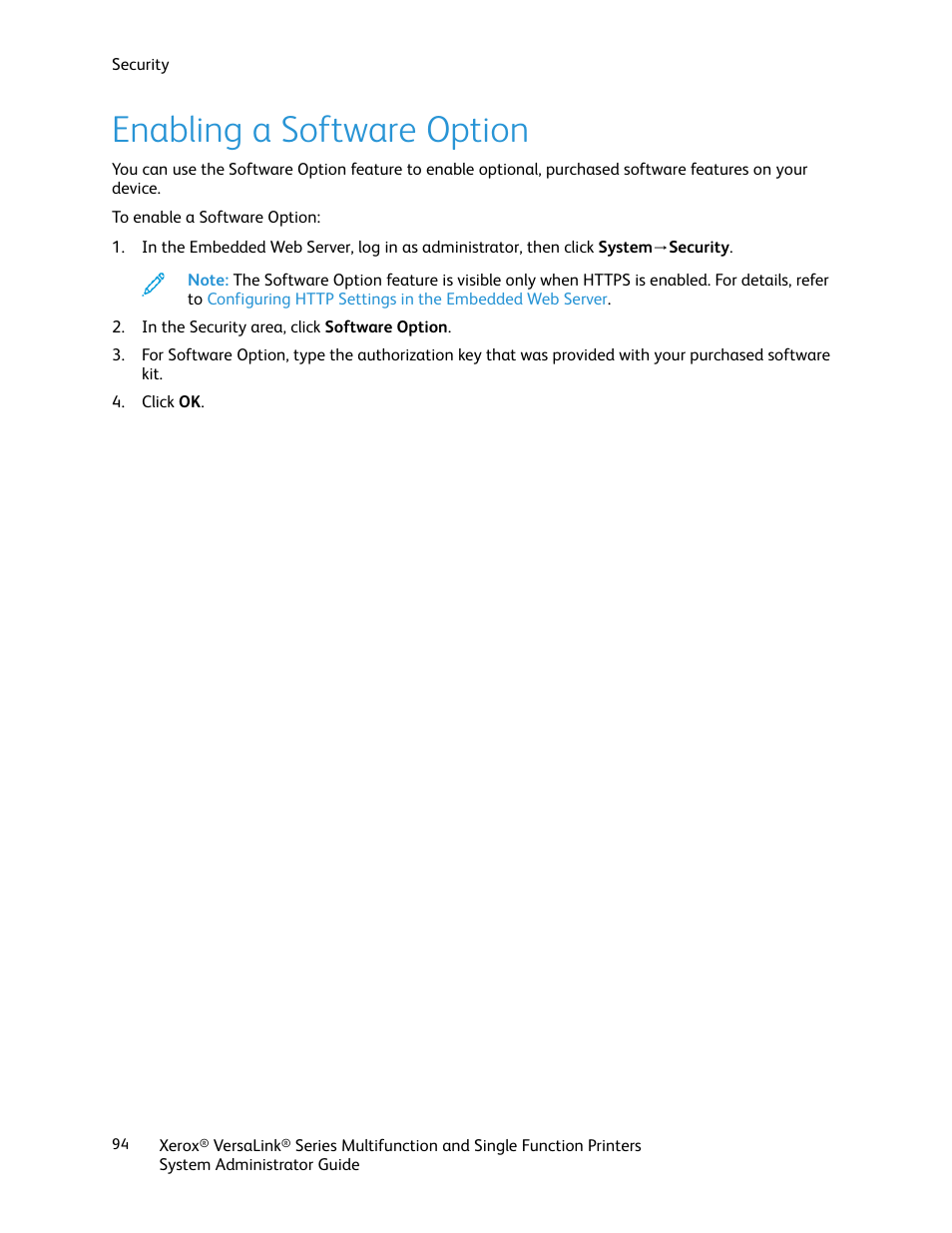 Enabling a software option | Xerox VersaLink C500/DN Color Laser Printer User Manual | Page 94 / 204