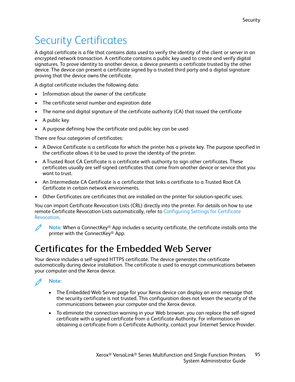 Security certificates, Certificates for the embedded web server | Xerox VersaLink C500/DN Color Laser Printer User Manual | Page 95 / 204