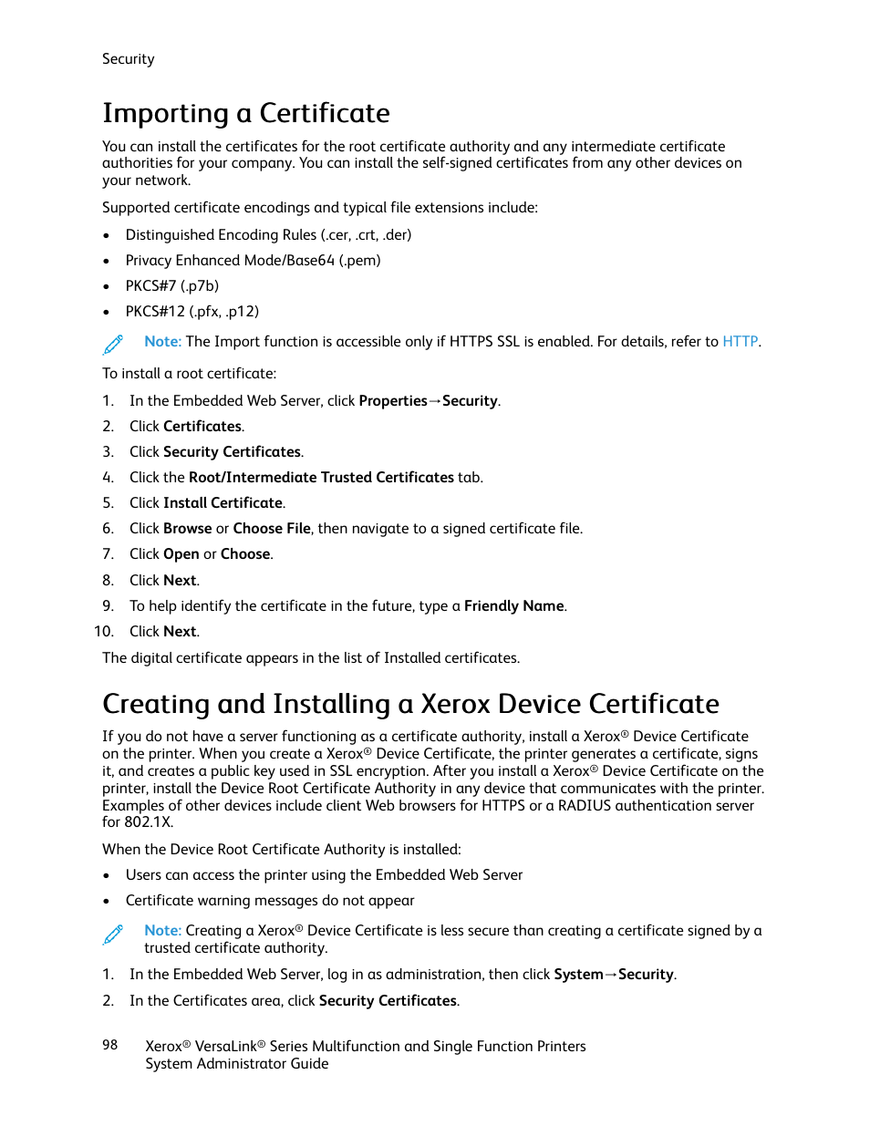 Importing a certificate, Creating and installing a xerox device certificate, Iim mppoorrttiinngg aa c ceerrttiiffiiccaattee | Xerox VersaLink C500/DN Color Laser Printer User Manual | Page 98 / 204