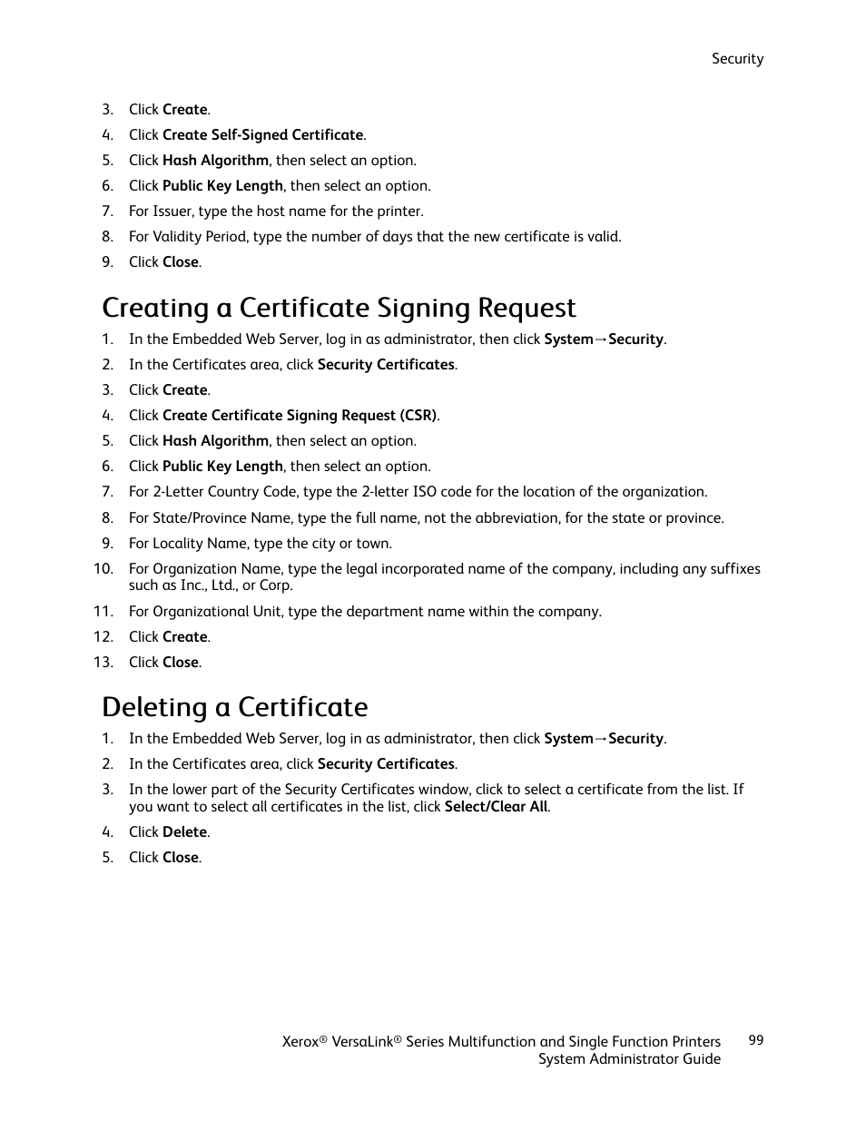 Creating a certificate signing request, Deleting a certificate, Ddeelleettiinngg aa c ceerrttiiffiiccaattee | Xerox VersaLink C500/DN Color Laser Printer User Manual | Page 99 / 204